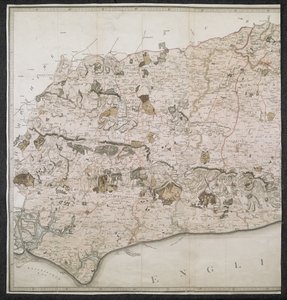 Topographische Karte der Grafschaft Sussex, unterteilt in Rapes, Deanries und Hundreds. Geplant nach einer tatsächlichen Vermessung im Maßstab von einem Zoll pro Meile von English School