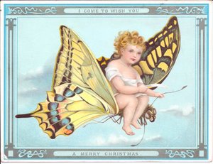 Viktorianische Weihnachtskarte mit einem Kind, das auf einem Schmetterling fliegt, ca. 1920 von English School