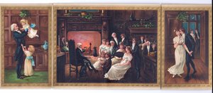 Eine viktorianische Weihnachtskarte eines Vaters und seiner Kinder, ein Vater erzählt einer Familiengruppe eine Geschichte und ein Herr versucht, eine Dame unter dem Mistelzweig zu küssen, ca. 1880 von English School