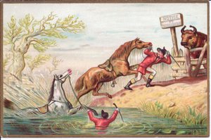 Viktorianische Weihnachtskarte eines Pferdes, das im Wasser zappelt, während das andere von seinem Reiter an Land gezogen wird, um 1880 (Farblitho) von English School