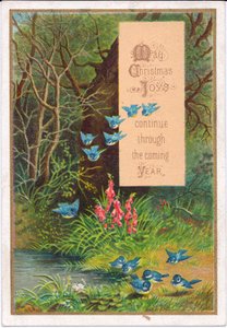 Viktorianische Weihnachtskarte mit blauen Vögeln in einer Waldlandschaft, ca. 1880