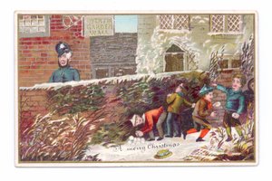 Viktorianische Weihnachtskarte von Jungen, die sich hinter einer Ziegelmauer verstecken und einen Schneeball auf einen Polizisten werfen, um 1880 (Farblitho) von English School