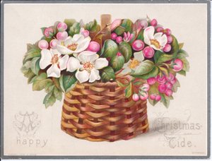 Viktorianische Weihnachtskarte mit Blumen und Blättern in einem Weidenkorb, ca. 1880 von English School