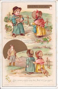 Viktorianische Weihnachtskarte mit zwei Kindern und einem Hasen, ca. 1880 von English School