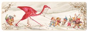 Eine viktorianische Weihnachtskarte, die eine bösartige Gruppe von Elfen zeigt, die einen gefangenen Flamingo im Schnee wegführen, ca. 1880 von English School