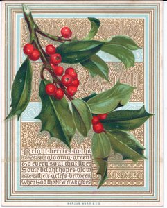 Eine viktorianische Weihnachtskarte mit einem Stechpalmenzweig, der ein Gedicht bedeckt. Veröffentlicht von Marcus Ward, um 1880