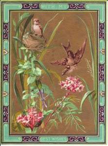 Eine viktorianische Grußkarte mit einem Vogel, der eine Libelle jagt, und einem Vogel auf seinem Nest, ca. 1880
