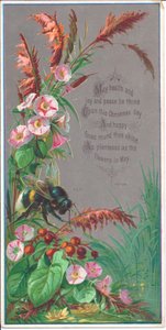 Eine viktorianische Neujahrskarte einer Biene, die über Blumen schwebt, ca. 1880