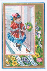Viktorianische Neujahrskarte mit einem Mädchen in einem pelzgefütterten Umhang, das einen Blumenstrauß hält und im Schnee geht, ca. 1880 von English School