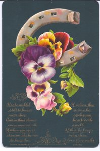 Eine viktorianische Glückwunschkarte mit einem Hufeisen und Stiefmütterchen, um 1880