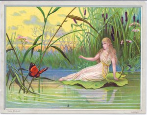 Eine viktorianische Grußkarte mit einer Fee, die auf einem Lotusblatt liegt und einen Schmetterling betrachtet, vor einem Hintergrund aus Binsen, ca. 1880