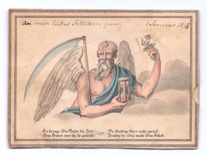 Viktorianische Grußkarte des Sensenmanns mit Sense und Sanduhr, der eine Rose hält, um 1815 (Farblitho)