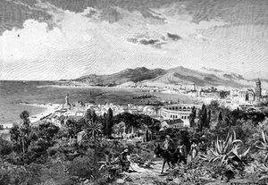 Ein Blick nach Westen über Malaga, Spanien, aus 