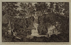 Eine Ansicht in Craven, Yorkshire, von einem schönen natürlichen Wasserfall im Bolton Park, der dem verstorbenen Earl of Burlington gehörte von English School