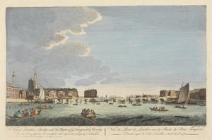 Ansicht der London Bridge mit den Ruinen der provisorischen Brücke nach dem Brand vom 11. April 1758 (farbige Gravur)