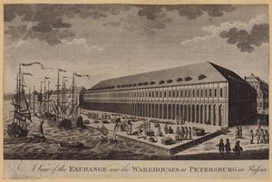 Ansicht der Börse und der Lagerhäuser in Petersburg, Russland (Stich) von English School