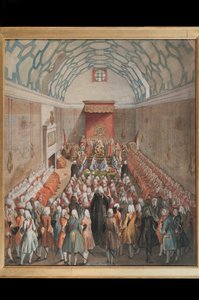 Ansicht des House of Lords, graviert von Benjamin Cole, ca. 1755 (handkolorierte Gravur) von English School
