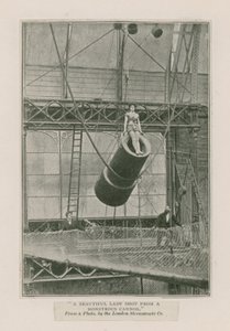 Eine schöne Dame, die aus einer monströsen Kanone geschossen wird von English School