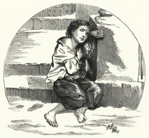 Ein Junge bettelt im Schnee (Lithografie) von English School