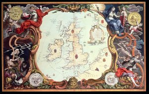 Eine Karte, die die verschiedenen Orte der Aktionen zwischen den englischen und spanischen Flotten zeigt, mit den Orten, an denen mehrere spanische Schiffe auf ihrer Rückkehr nach Spanien zerstört wurden, veröffentlicht 1739, von John Pine