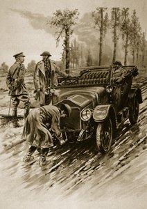 Ein Chauffeur des Frauenhilfskorps der Armee startet den Motor eines Offizierswagens, 1914-19 von English School