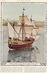 Ein Gedenktribut an einen der großen Seefahrer Britanniens: das Modell von Drakes Golden Hind, das erste englische Schiff, das die Welt umrundete, 1577-80, aus The Illustrated London News Royal Naval and Military Review von English School