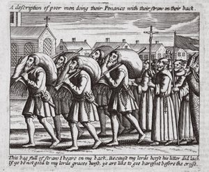 Eine Beschreibung armer Männer, die ihre Buße mit Stroh auf dem Rücken tun, Illustration aus Acts and Monuments von John Foxe, neunte Ausgabe, veröffentlicht 1684 von English School