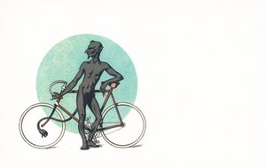 Eine teuflische Figur neben einem Fahrrad von English School