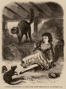Ein weiblicher Whittington, ein kleines Mädchen, das von einer Lieblingskatze vor Ratten gerettet wurde (Gravur) von English School