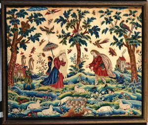 Ein feines Nadelarbeitsbild, bestickt mit Wolle und Seide, wahrscheinlich das Treffen von Jakob und Rahel am Brunnen darstellend