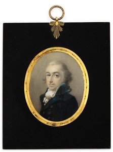 Ein Herr namens Pryce Edwards in blauem Mantel, weißem Krawatte und gepuderter Perücke