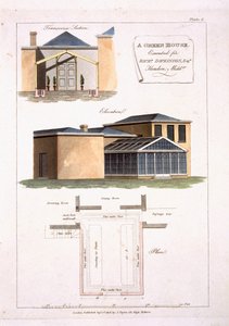 Ein Gewächshaus mit gotischen Details, angebaut an ein neoklassizistisches Haus für Richard Dickinson Esq in Hendon, Middlesex, 1806