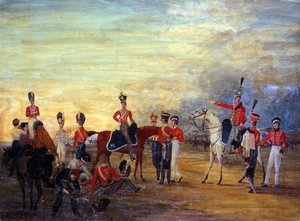 Eine Gruppe von berittenen und abgestiegenen Offizieren und Männern der Yorkshire Yeomanry in verschiedenen Uniformen, ca. 1820