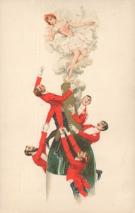 Eine Gruppe von Männern in roten Jacken, die eine Champagnerflasche erklimmen von English School