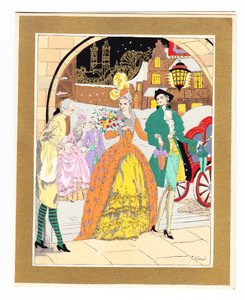 Handkolorierte französische Pochoir-Weihnachtskarte mit Darstellung eines Dieners, der ein Paar in Regency-Kleidung begrüßt, ca. 1920