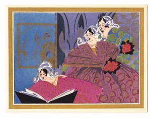 Handkolorierte französische Pochoir-Weihnachtskarte, die drei Damen zeigt, die aus einem Liederbuch singen, ca. 1920 von English School