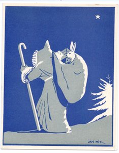 Eine handkolorierte französische Pochoir-Weihnachtskarte von Weihnachtsmann in Silhouette, der mit einem Stock geht und einen Sack mit einem Hasen und einem Bären darin trägt, um 1920