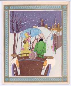 Eine handkolorierte französische Pochoir-Weihnachtskarte eines Rencecy-Paares in einer offenen Kutsche, die durch den Schnee fährt, ca. 1920 von English School