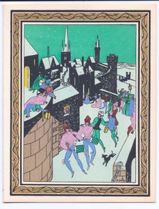 Eine handkolorierte französische Pochoir-Weihnachtskarte mit einer Parade von Musikern, die in den Festungsmauern eines Schlosses auftreten, ca. 1920 von English School