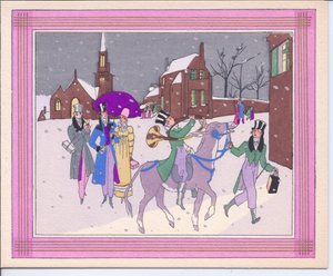 Eine handkolorierte französische Pochoir-Weihnachtskarte eines Esels, der von einem Mann mit Zylinder und Laterne geführt wird, und von einem Mann geritten wird, der ein Jagdhorn bläst, um 1920 von English School