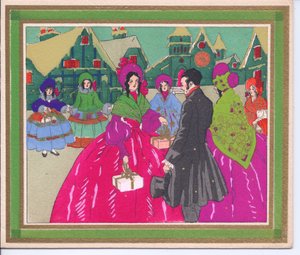 Handkolorierte französische Pochoir-Weihnachtskarte einer Gruppe von Damen in Reifrockkleidern und Hauben, die sich mit einem Herrn mit Zylinder unterhalten, ca. 1920
