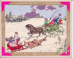 Handkolorierte französische Pochoir-Weihnachtskarte eines Schlittens mit Kindern, der von Hunden gezogen wird, und eines Pferdewagens, der über eine schneebedeckte Landschaft fährt, ca. 1920 von English School