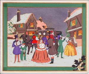 Handkolorierte französische Pochoir-Weihnachtskarte einer Dorfszene mit Kutsche und Pferden, um 1920 von English School