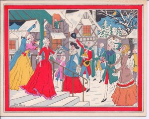 Eine handkolorierte französische Pochoir-Weihnachtskarte einer Winterszene in Tudor-Zeiten, um 1920