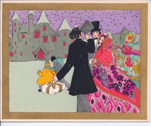 Eine handkolorierte französische Pochoir-Weihnachtskarte von Gästen, die zu einer Party zu einem Schloss gehen, ca. 1920
