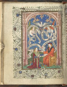 Ein kniender Schüler, möglicherweise der Autor, Norton, der ein Buch von seinem Meister erhält, mit Engeln, Schriftrollen und einer Taube darüber. Ordinal der Alchemie. Thomas Norton, 4. Viertel des 15. Jahrhunderts von English School