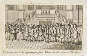 Eine Reihe von angeketteten Sträflingen aus dem Newgate-Gefängnis, Old Bailey, die nach Blackfriars zur Deportation gebracht werden, ca. 1760 von English School