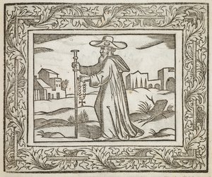 Ein Mann, der einen Stab und ein Kruzifix hält, Illustration aus 
