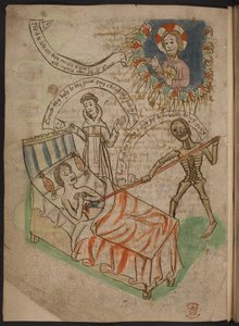 Ein Mann auf seinem Sterbebett, aus einer Kartäuser-Miscellany von Gedichten, Chroniken und Abhandlungen in Nordenglisch, einschließlich einer Zusammenfassung von Mandevilles Reisen, Add MS 37049 f.38v von English School