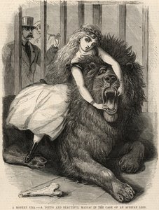 Eine moderne Una; Eine junge und schöne Wahnsinnige im Käfig eines afrikanischen Löwen von English School